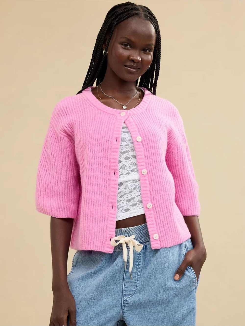 Aerie Unreal short sleeve Pink Button-Front Knit Cardigan Sweater